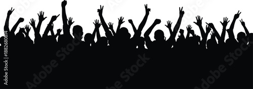 Crowd silhouette with raised hands, black vector illustration, protest or celebration scene, unity gesture, people icon, energy, movement, group