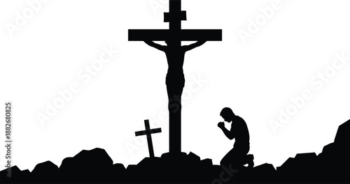 Crucifixion silhouette illustration, Jesus on cross, religious scene, prayer figure, Christian symbol, sacrifice moment, black vector, faith, devotion