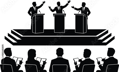 Silhouette debate illustration, podium speakers, public speaking, audience judging, formal discussion, black and white vector, communication, argument, competition, education