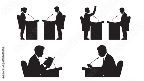 Business People Speaking at Podiums and Sitting with Microphones
