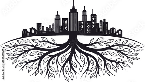 Eco friendly cityscape silhouette with tree roots and urban skyline on white background symbolizing sustainable living and green technology