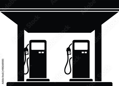 Gas station silhouette illustration, black and white vector, fuel pump icon, energy infrastructure, petrol service design, transport, refueling, canopy