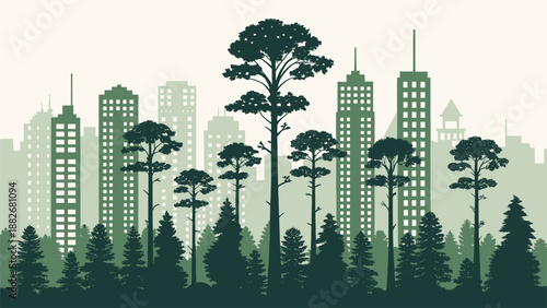City skyline with tall trees and skyscrapers in a green silhouette urban forest landscape