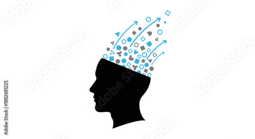 Black silhouette of a human head with colorful geometric shapes and arrows emerging from the top representing creativity and ideas