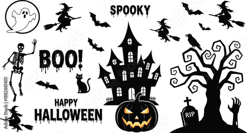 Halloween silhouette illustration, haunted house, ghost, skeleton, witch, pumpkin, bat, graveyard scene, spooky tree, scary night, horror, celebration