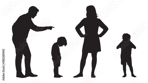 Family Conflict Silhouette, Parents and Children in Disagreement, Domestic Drama