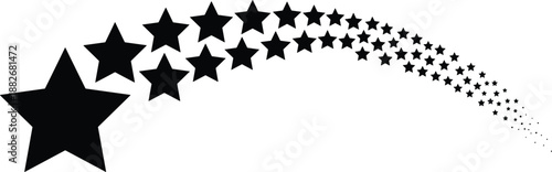 Shooting star silhouette, curved star trail, black vector design, motion graphic, space element, aspiration symbol, dynamic sky illustration, journey