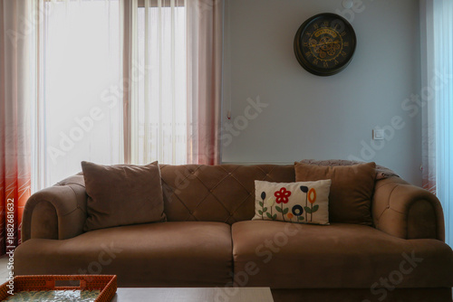 sofa and wall clock