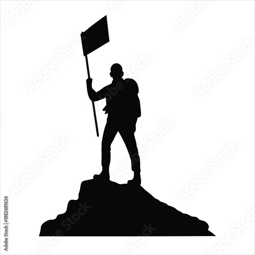 Silhouette of Hiker Standing on Mountain Summit Holding Flag Representing Victory and Achievement