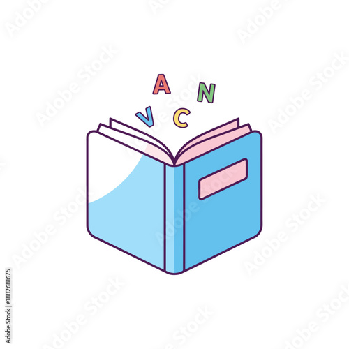 Open blue book with colorful letters flying out education learning concept graphic