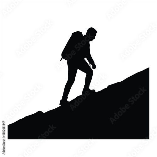 Silhouette of Hiker with Backpack Climbing Steep Mountain Incline Representing Effort Perseverance and Progress