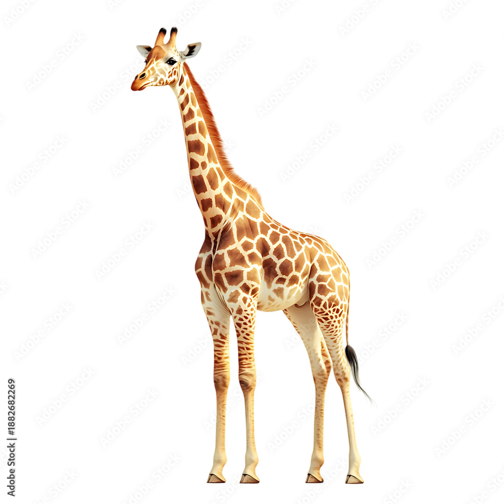 Obraz premium Full body standing african giraffe wildlife animal illustration for zoo safari adventure nature education or biology conservation design graphic isolated on transparent background