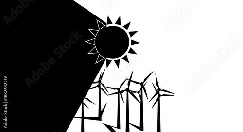 Renewable energy concept with wind turbines and sun on contrasting black and white background