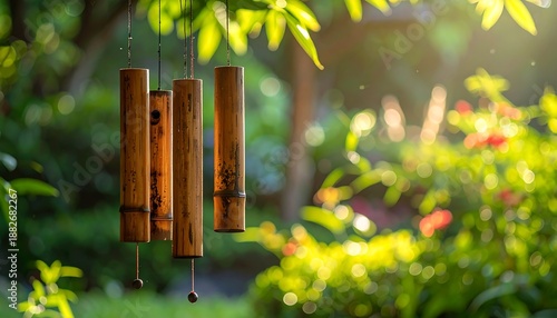 A serene outdoor setting featuring a bamboo wind chime hanging from a tree amidst lush greenery and sunlight