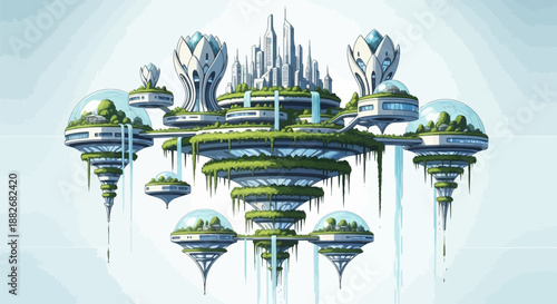 Futuristic cityscape with floating islands and greenery showcasing sustainable architecture and urban planning in a surreal landscape with modern skyscrapers
