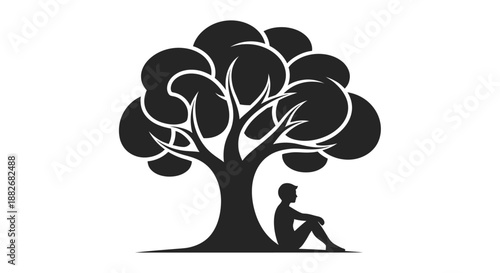 Person sitting under tree silhouette relaxation and calmness in nature peaceful atmosphere