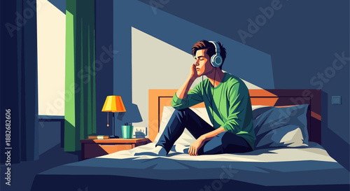 Young man sitting on bed wearing headphones listening to music relaxing in bedroom at night
