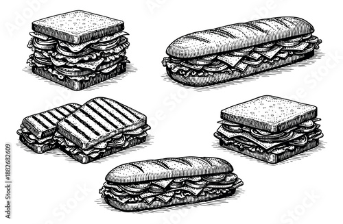 Hand drawn line art sandwiches set featuring various sandwiches for deli and fast food menus