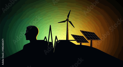 Silhouette of a man looking at renewable energy sources with wind turbines and solar panels against a vibrant gradient background with data visualization lines