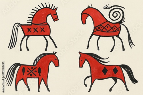 Mezen painting art with red folk horses