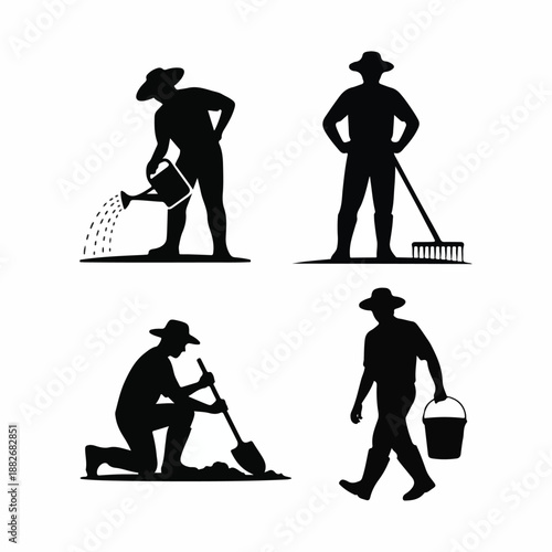 Farmer Silhouette Icon Set – Gardening & Field Work Poses