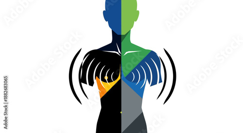 Human body split into contrasting colors and patterns on white background with dynamic lines