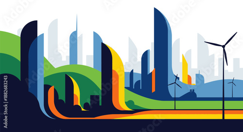 Sustainable cityscape with wind turbines and green hills modern skyscrapers in background eco friendly urban landscape