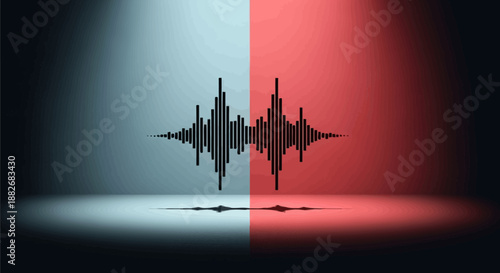 Sound wave pattern divided into contrasting red and blue sections on a black background with a futuristic vibe