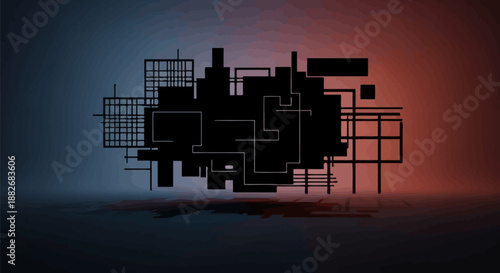 Abstract digital composition with black geometric shapes on a gradient background