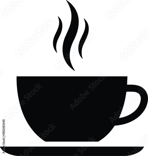 Minimal vector silhouette, hot cup of coffee with rising steam and a saucer underneath, solid black, isolated on white.