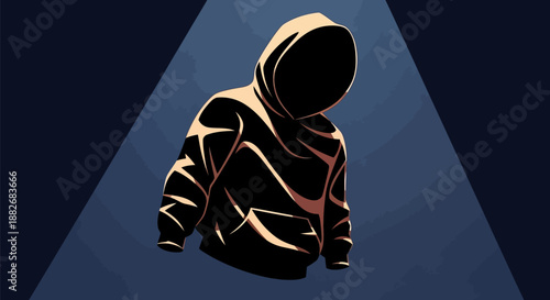 Hooded figure in dark clothing with golden accents standing in front of a triangular background