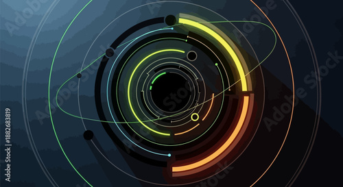 Futuristic circular graphic with neon lines and concentric circles on a dark background with a world map