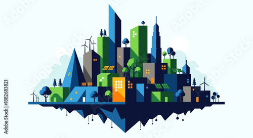 Eco friendly cityscape with sustainable architecture and renewable energy sources in a vibrant green and blue landscape