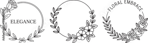 Elegant Floral Wreath Frames  Botanical Line Art Circular Borders Set