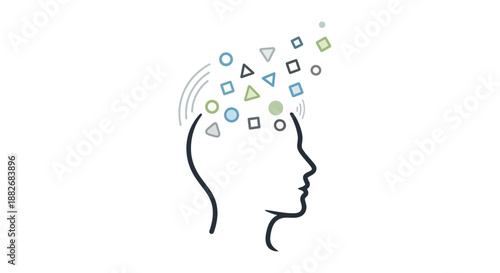 A black line drawing of a human head with colorful geometric shapes floating out of it representing creativity and ideas