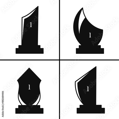 A set of four black trophy icons, displayed in various shapes and styles. Simple flat silhouette design. Stock vector.