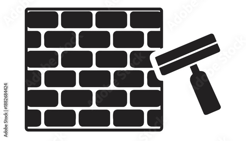 A black and white illustration of a paint roller painting a brick wall