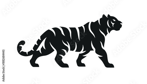 A black tiger silhouette walking on a white background