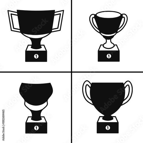 A set of four black trophy icons, displayed in various shapes and styles. Simple flat silhouette design. Stock vector.