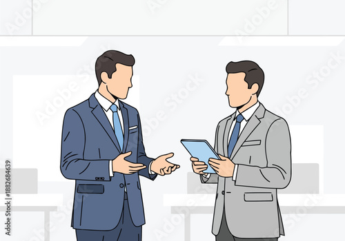 Two businessmen discussing work strategy with tablet vector illustration
