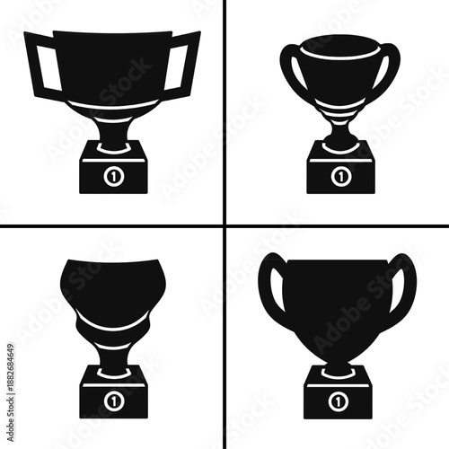 A set of four black trophy icons, displayed in various shapes and styles. Simple flat silhouette design. Stock vector.