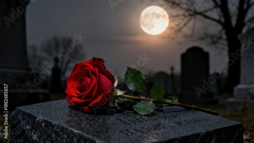 A single, vibrant red rose with lush green leaves rests gently upon a dark, polished stone monument, conveying a profound sense of remembrance and solemnity. The scene unfolds under the soft, ethereal