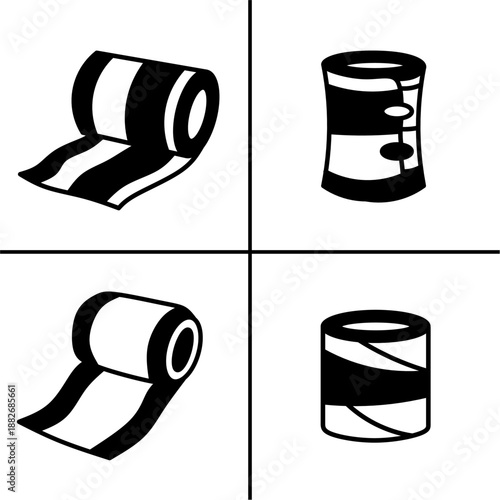 A set of four black bandage icons, displayed in various shapes and styles. Simple flat silhouette design. Stock vector.