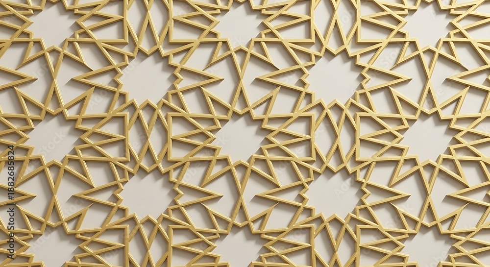 Obraz premium Golden intricate geometric pattern with star shapes, inspired by traditional Islamic art and architecture, creating a decorative and elegant background.