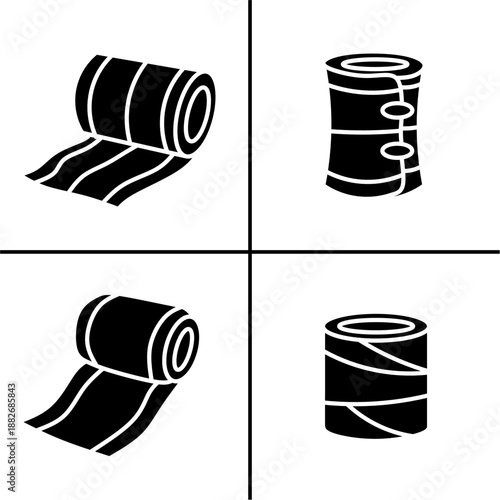 A set of four black bandage icons, displayed in various shapes and styles. Simple flat silhouette design. Stock vector.