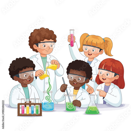 A pastel illustration of kids in lab coats conducting a colorful science experiment with beakers and test tubes.