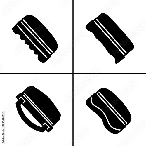 A set of four black eraser icons, displayed in various shapes and styles. Simple flat silhouette design. Stock vector.