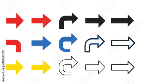 Bold directional arrow icon set in red black blue yellow and white isolated on transparent background