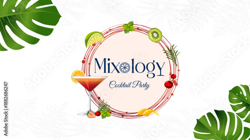 Modern mixology logo with cocktail glass and fresh fruit elements, ideal for bar branding, events, menus, and promotions.