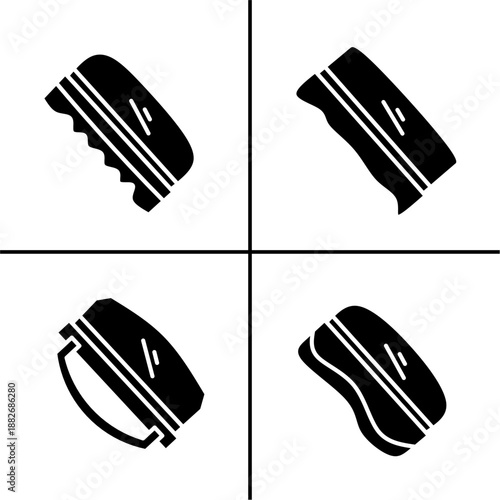 A set of four black eraser icons, displayed in various shapes and styles. Simple flat silhouette design. Stock vector.